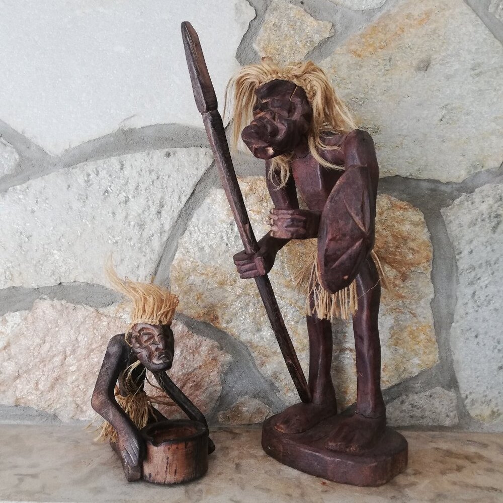 Vintage Java Man Hand Crafted Wood Statues Set of 2